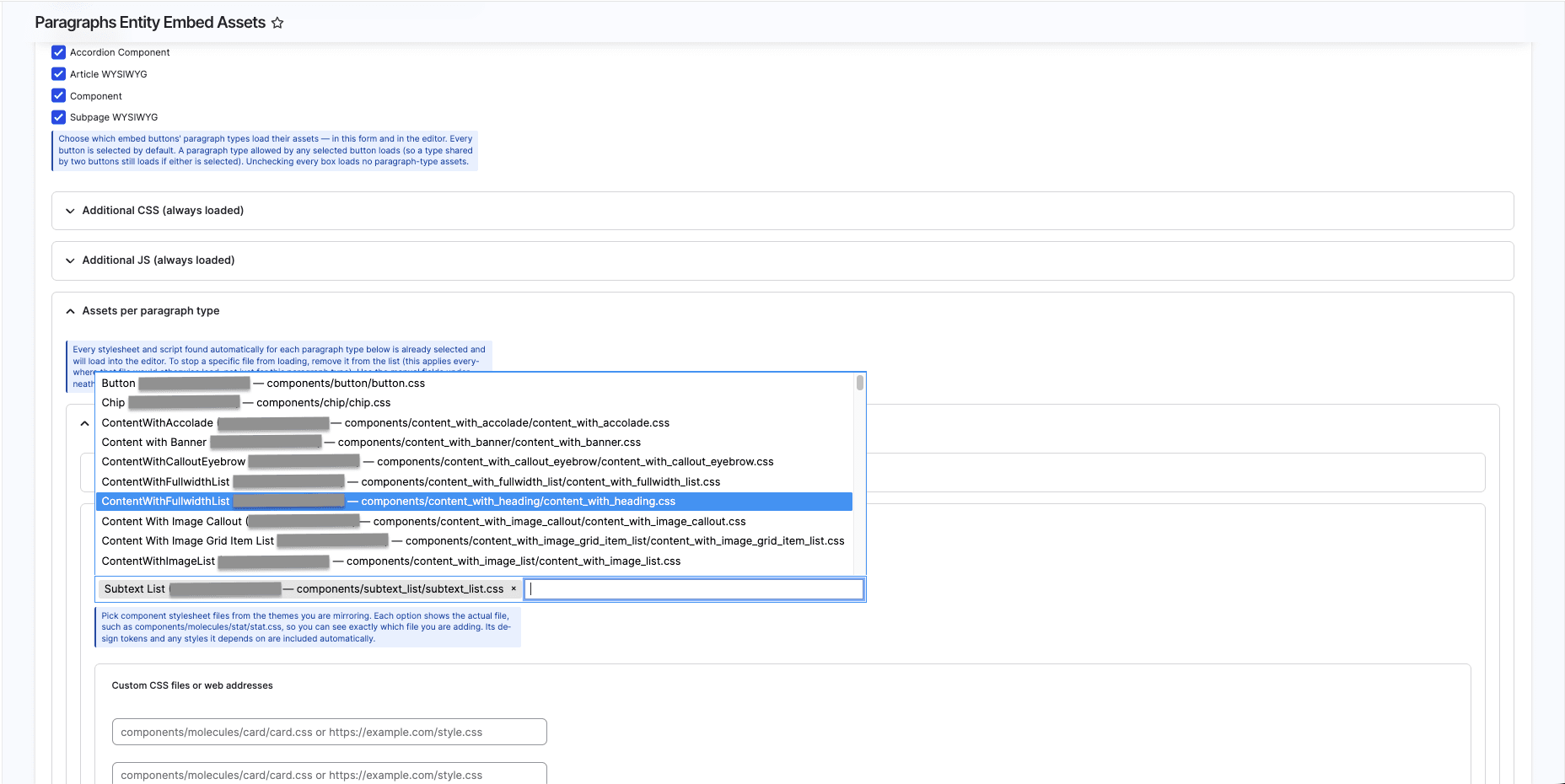 The Paragraphs Entity Embed Assets settings form: embed buttons selected at the top, and below, each Paragraph type showing the stylesheets discovered for it.