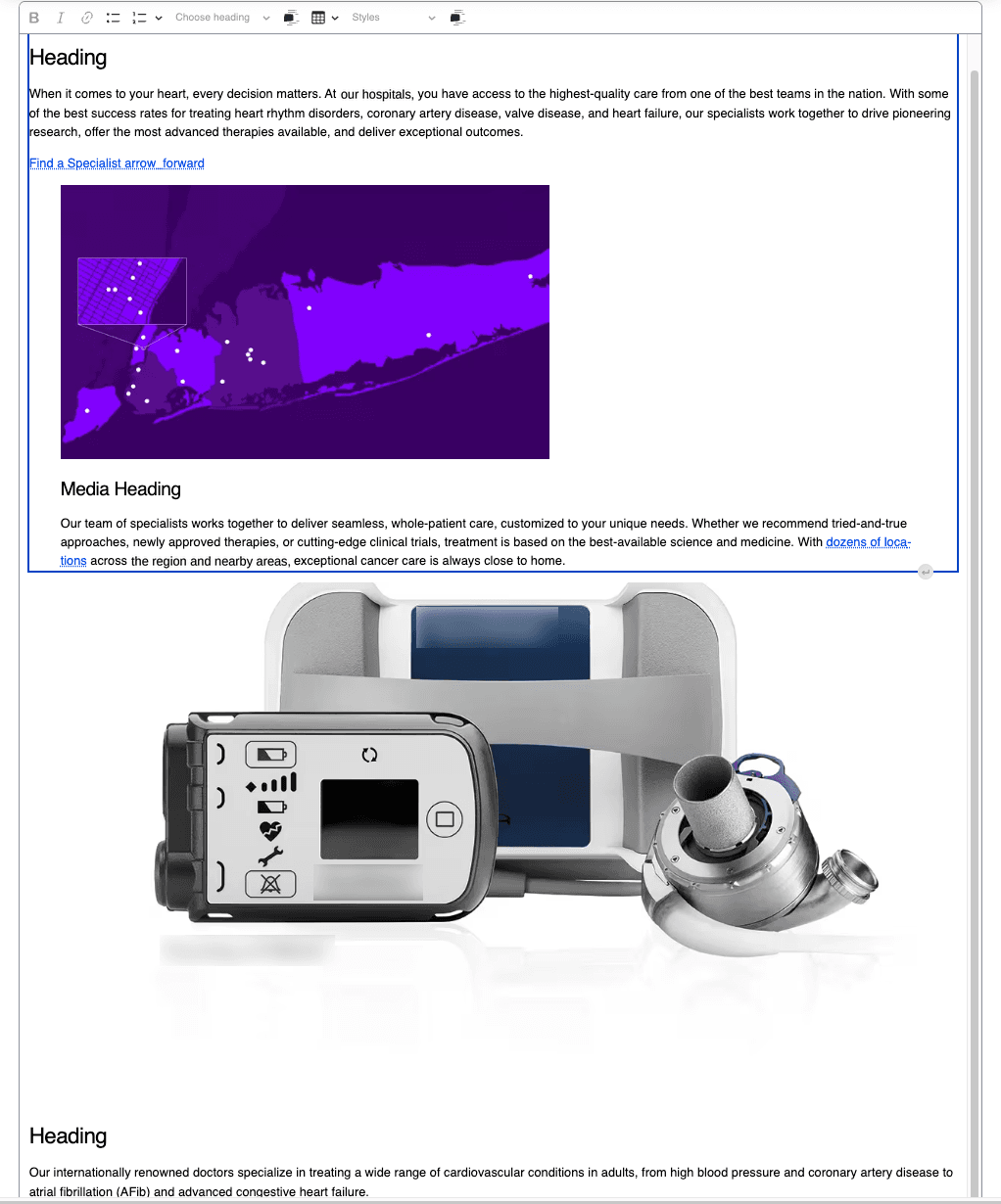 Two components in CKEditor before the module: heading, body copy, a bare "Find a Specialist arrow_forward" link, then an image and more text — no grouping, no styling, no indication of where one component ends and the next begins.