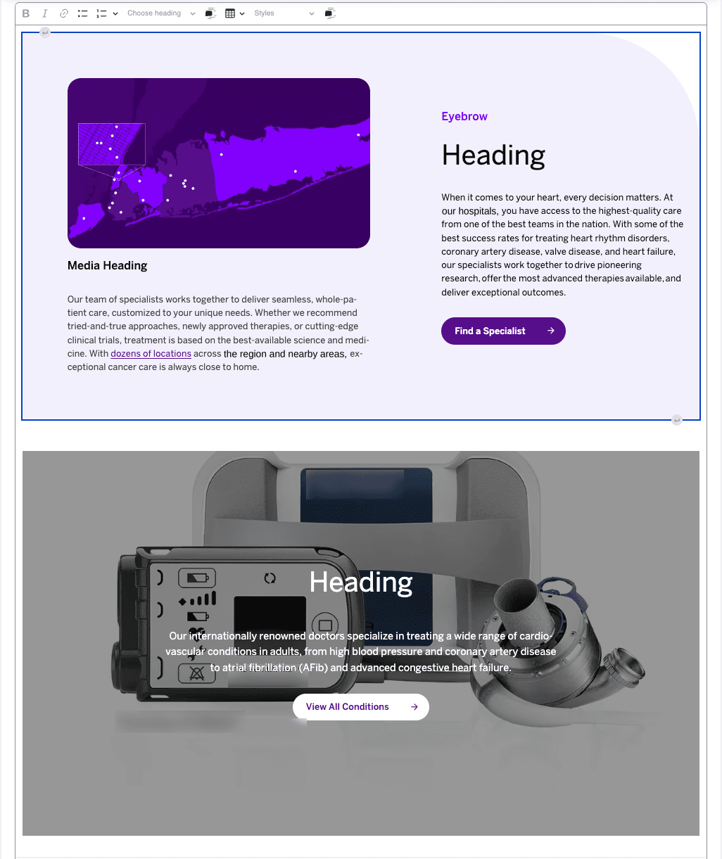 The same two components after the module: the eyebrow, heading, copy and CTA render as a two-column block, and the banner below shows its overlay treatment.